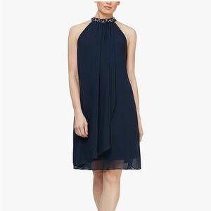 Elegant Navy Jewel Halter Dress